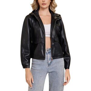 Women Black  Faux Leather Jacket Hooded Moto Biker Outwear Coat